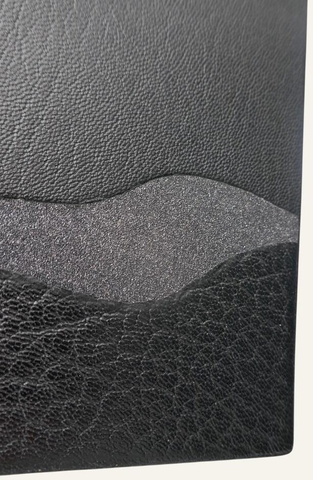 Reliure de Cathy Adelman (États-Unis) sur Heaven on Earth de John Muir, ill. de Charles D. Jones. Reliure en peau de chèvre glacée noire, incrustations de verre pillé, pages de garde cuir taupe et papier bord supérieur teinté graphite, tranchefiles en soie rouge à la main, boîte, étui papier en cuir et daim.