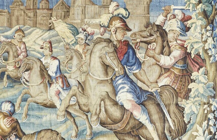 Le Passage du Granique, de la tenture de l’Histoire d’Alexandre, d’après un dessin de Charles Le Brun (détail), vers 1680, fin du XVIIe siècle. Porte la marque « M.R.DAUBUSSON.A.GRELLET ». Laine et soie, 284 x 640 cm. Vente Paris Drouot, Thierry de Maigret, 26 mars 2025. Estimé : 4 000/6 000 € Adjugé : 45 080 € (frais inclus).