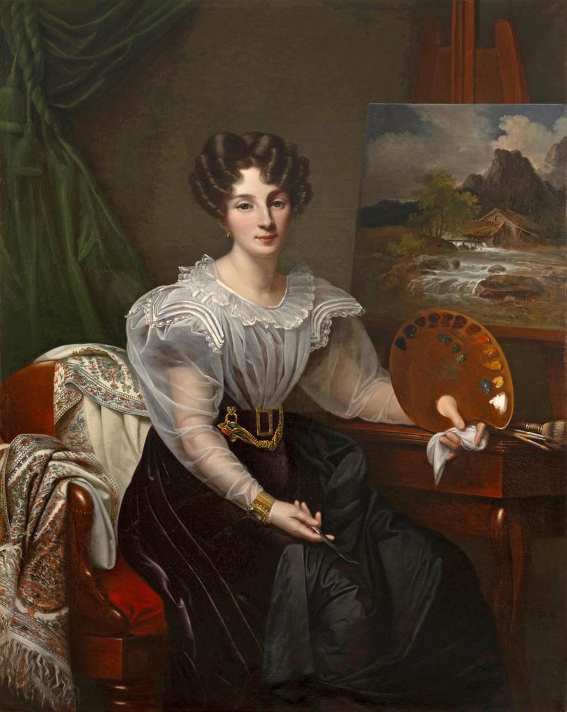 Adèle de Romance (1769-1846), Anne Françoise Guilbert de Pixerécourt, dite Fanny de Pixerécourt (détail), 1827. Huile sur toile, 147 x 115 cm. Nancy, musée des Beaux-Arts, dépôt du musée Lorrain. Ce tableau est une découverte, il a été spécialement sorti des réserves où il dormait depuis 102 ans et restauré à l’occasion de l’exposition.