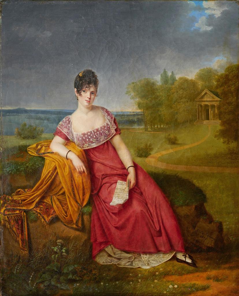 Adèle de Romance (1769-1846), Portrait en pied de jeune femme assise dans un paysage, 1805. Huile sur toile, 60 x 50 cm. Marseille, musée Grobet-Labadié. 