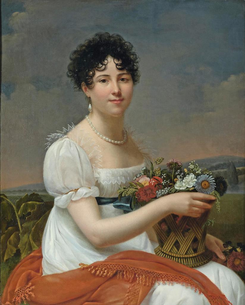 Adèle de Romance (1769-1846), Portrait de femme tenant une corbeille de fleurs, vers 1802-1804. Huile sur toile, 71 x 58 cm. Paris, collection particulière. 