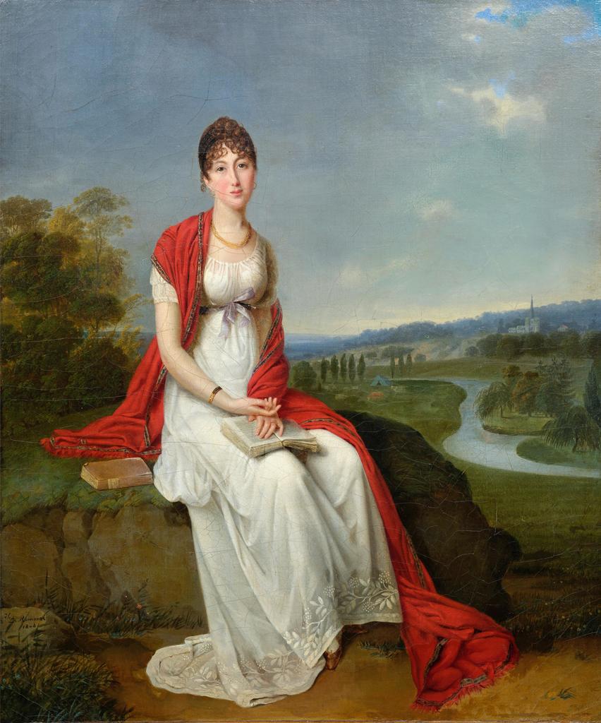 Adèle de Romance (1769-1846), Portrait de jeune femme assise dans un paysage, portrait présumé d’Anne Éléonore Pulchérie de Montmorency, comtesse de Rochechouart de Mortemart (1776-1863) (détail), 1804. Huile sur toile, 61 x 50,5 cm. Paris, musée Marmottan Monet. 