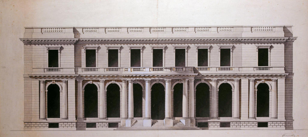 Alexandre Théodore Brongniart (1739-1813), Élévation de la façade sur la cour de l’hôtel de Monaco, vers 1774. Pointe sèche, plume et encre noire, lavis. Paris, musée Carnavalet – Histoire de Paris.