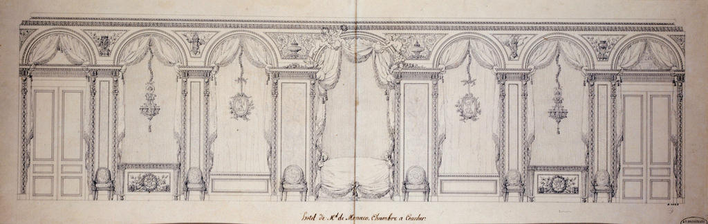 Alexandre Théodore Brongniart (1739-1813), Projet de décoration pour la chambre à coucher de Madame de Monaco, vers 1774. Plume et encre. Paris, musée Carnavalet – Histoire de Paris.