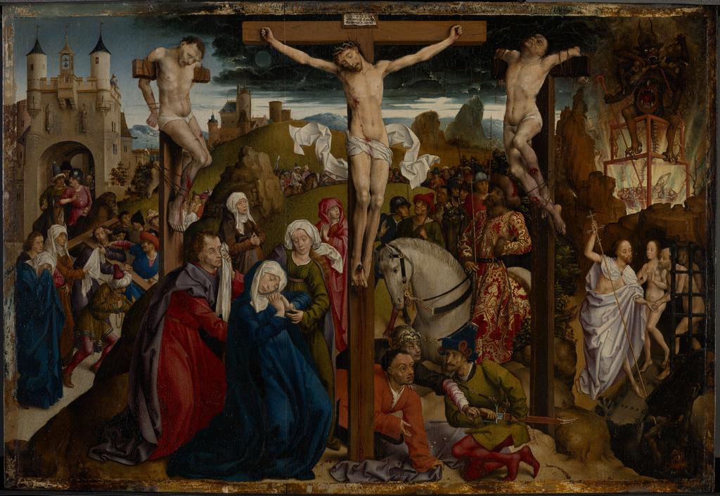 André d’Ypres (Maître de Dreux Budé), Triptyque de Dreux Budé, Paris, vers 1450. Panneau central : Crucifixion. Huile sur bois, 48,6 x 71,1 cm. Los Angeles, The J. Paul Getty Museum.