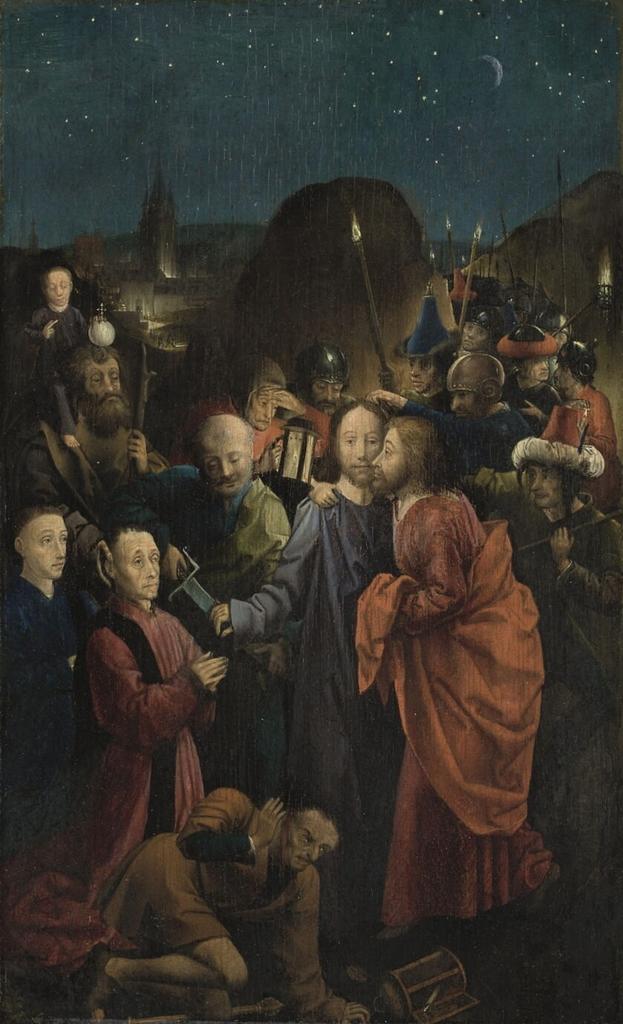 André d’Ypres (Maître de Dreux Budé), Triptyque de Dreux Budé, Paris, vers 1450. Volet gauche : Le Baiser de Judas et l’Arrestation du Christ avec Dreux I Budé et son fils Jean III présentés par saint Christophe. Huile sur bois, 48,7 x 30,5 cm. Paris, musée du Louvre, département des Peintures.
