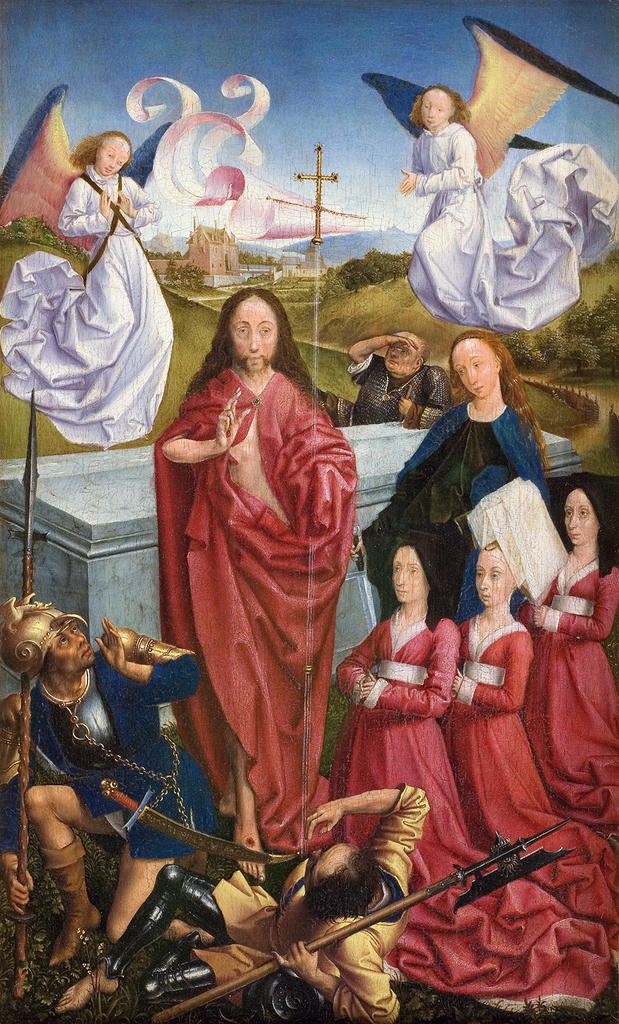 André d’Ypres (Maître de Dreux Budé), Triptyque de Dreux Budé, Paris, vers 1450. Volet droit : La Résurrection du Christ avec Jeanne Peschard, femme de Dreux I Budé, et ses filles Jacquette et Catherine présentées par sainte Catherine. Huile sur bois, 48,5 x 30,5 cm. Montpellier, musée Fabre.
