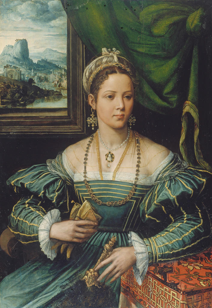 Attribué à Girolamo da Carpi (1501-1556), Portrait de dame (Renée de France ?), vers 1530-1540. Huile sur bois, 113,7 x 79 cm. Francfort-sur-le-Main, Städel Museum. 