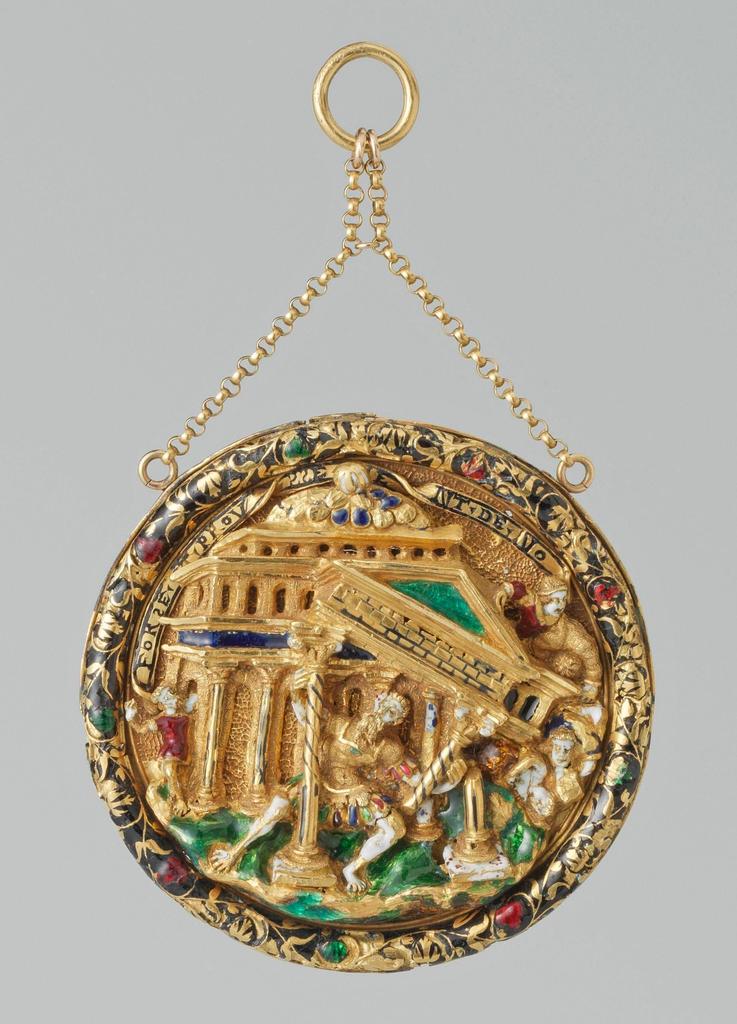 Enseigne à chapeau : Samson, Flandres ou Pays-Bas, vers 1534-1550. Or émaillé, D. 5 cm. Amsterdam, Rijksmuseum. 