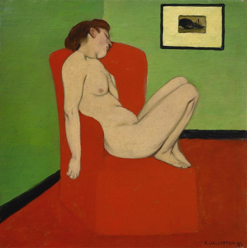 Félix Vallotton (1865-1925), Femme nue assise dans un fauteuil, 1897. Huile sur carton marouflé sur contreplaqué, 28 x 27,5 cm. Grenoble, musée de Grenoble. 