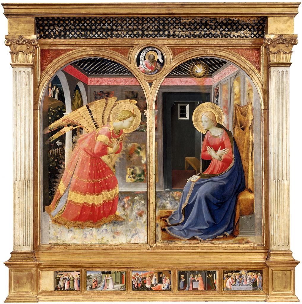 Fra Angelico et atelier, Retable de l’Annonciation Montecarlo, vers 1432-1435. Tempera et or sur panneau, 195 x 158 cm (panneau principal), 16 x 30 cm (chaque panneau de la prédelle). San Giovanni Valdarno, Museo della Basilica di Santa Maria delle Grazie.