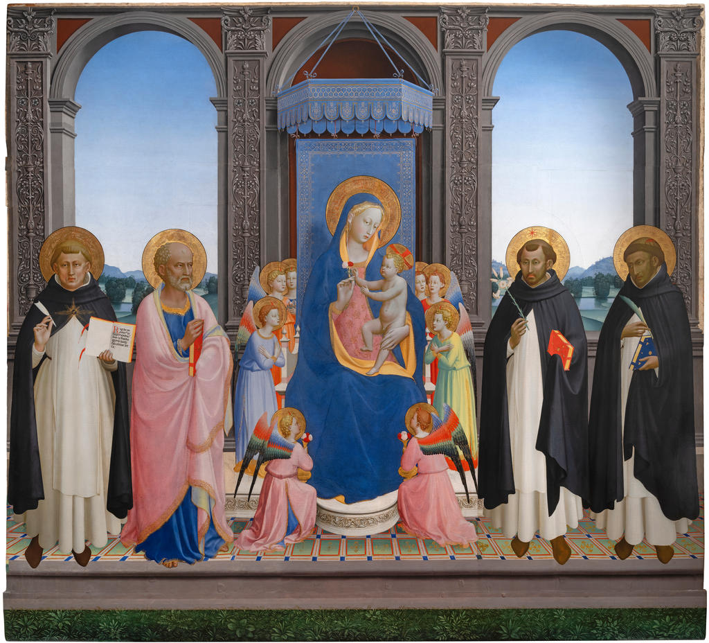 Fra Angelico et Lorenzo di Credi (1456/1460-1537), Retable de Fiesole, 1420-1423 ; 1501. Tempera et or sur panneau, 212 x 234,5 cm. Fiesole, église San Domenico.
