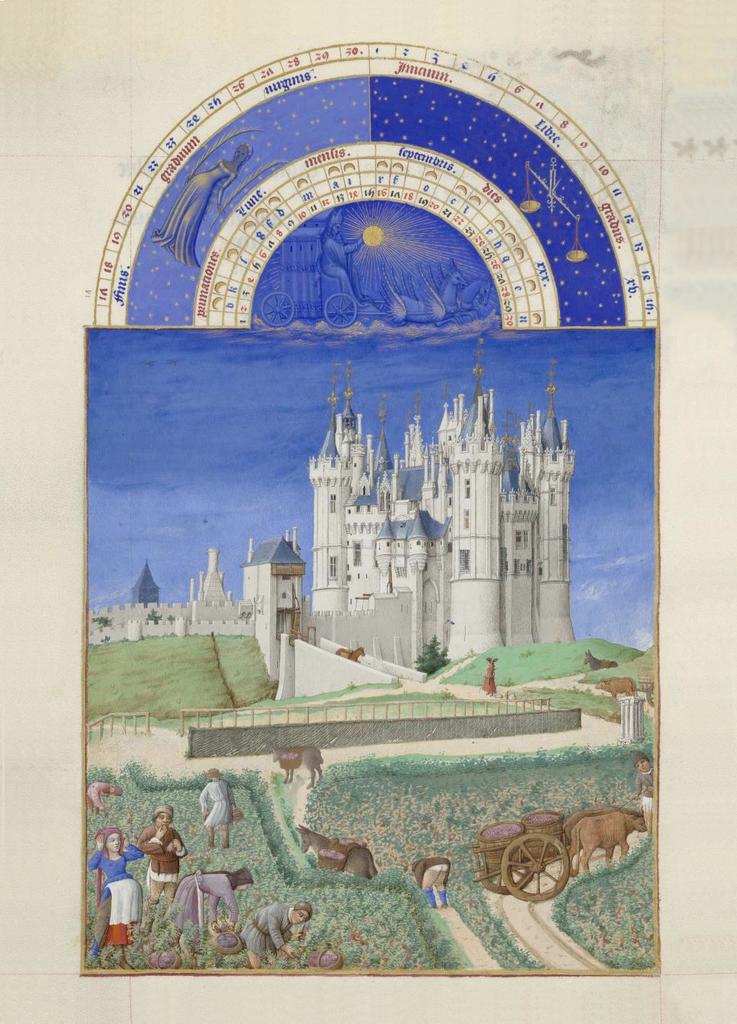 Frères de Limbourg, Barthélemy d’Eyck et Jean Colombe, Très Riches Heures du duc de Berry, fol. 9v : le Mois de septembre.