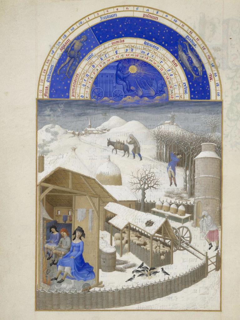 Frères de Limbourg, Très Riches Heures du duc de Berry, fol. 2v : le Mois de février.