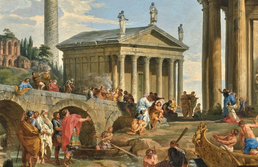 Giovanni Paolo Panini (1691-1765), Une offrande à Esculape sur l’Ile Tibérine, Rome (détail). Signé et daté à Rome en 1734. Huile sur toile, 102,3 x 92,5 cm. Vente Vienne, Dorotheum, 23 octobre 2025.