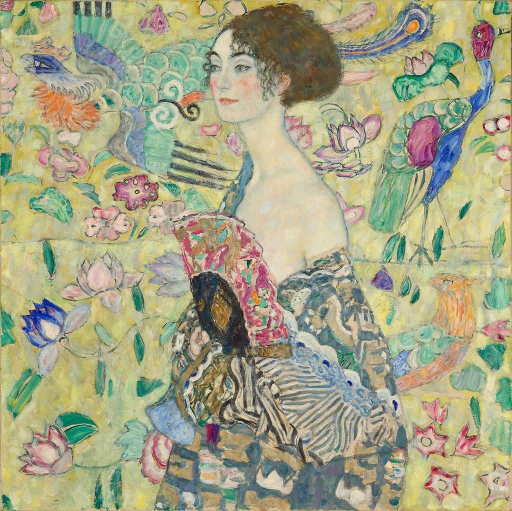 Gustav Klimt (1862-1918), Dame à l’éventail, 1917-1918. Huile sur toile, 100,2 x 100,2 cm. Vente Londres, Sotheby's, 27 juin 2023. Adjugé : 98,9 M€ (frais inclus).