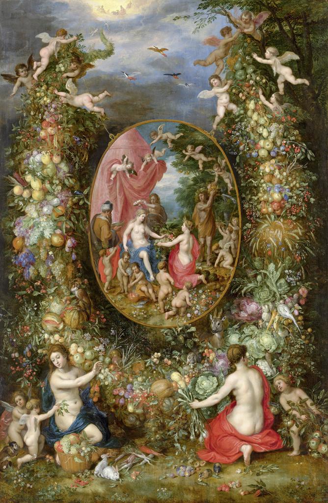Hendrick van Balen et Jan Brueghel l’Ancien, Guirlande de fruits entourant une représentation de Cybèle recevant les cadeaux des allégories des Quatre Saisons, 1620-1622. Huile sur bois, 106,3 x 69,9 cm. La Haye, Mauritshuis. 