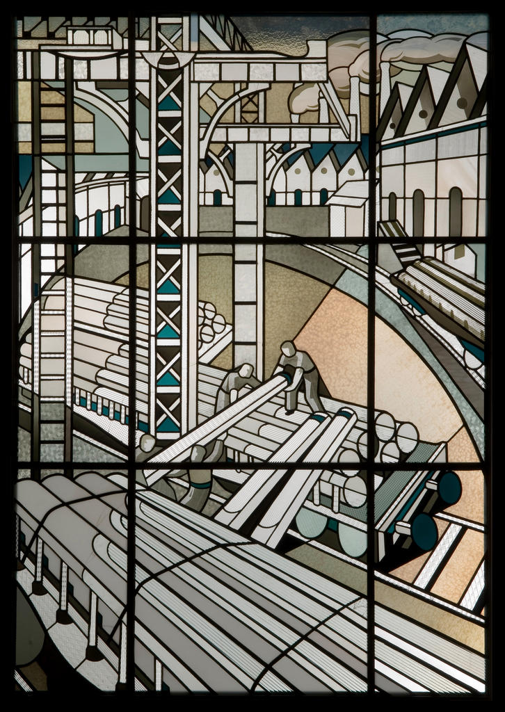 Jacques Gruber, vitrail Expédition des profilés par le chemin de fer, vers 1930. Verre imprimé et gravé, verre à l’or, plomb, 225 x 156 cm. Paris, musée des Arts décoratifs.