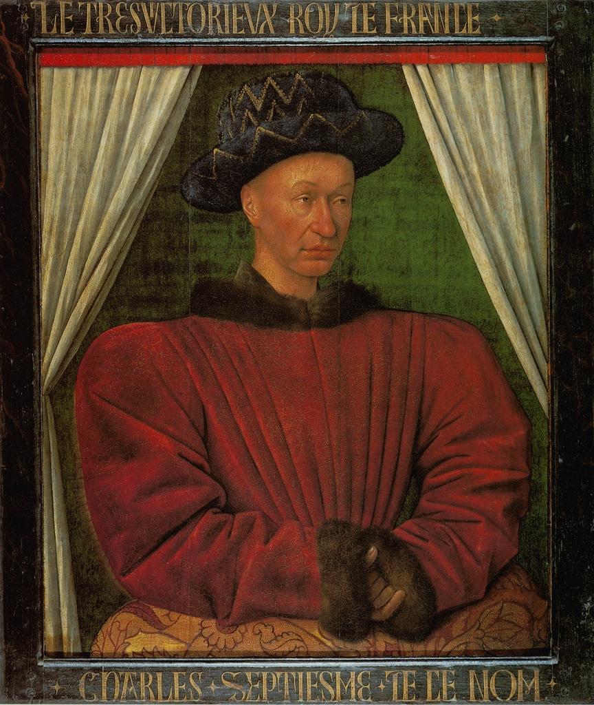 Jean Fouquet, Portrait de Charles VII, Tours, vers 1450-1455. Huile sur bois (chêne), 98,8 x 84,5 cm. Paris, musée du Louvre, département des Peintures.