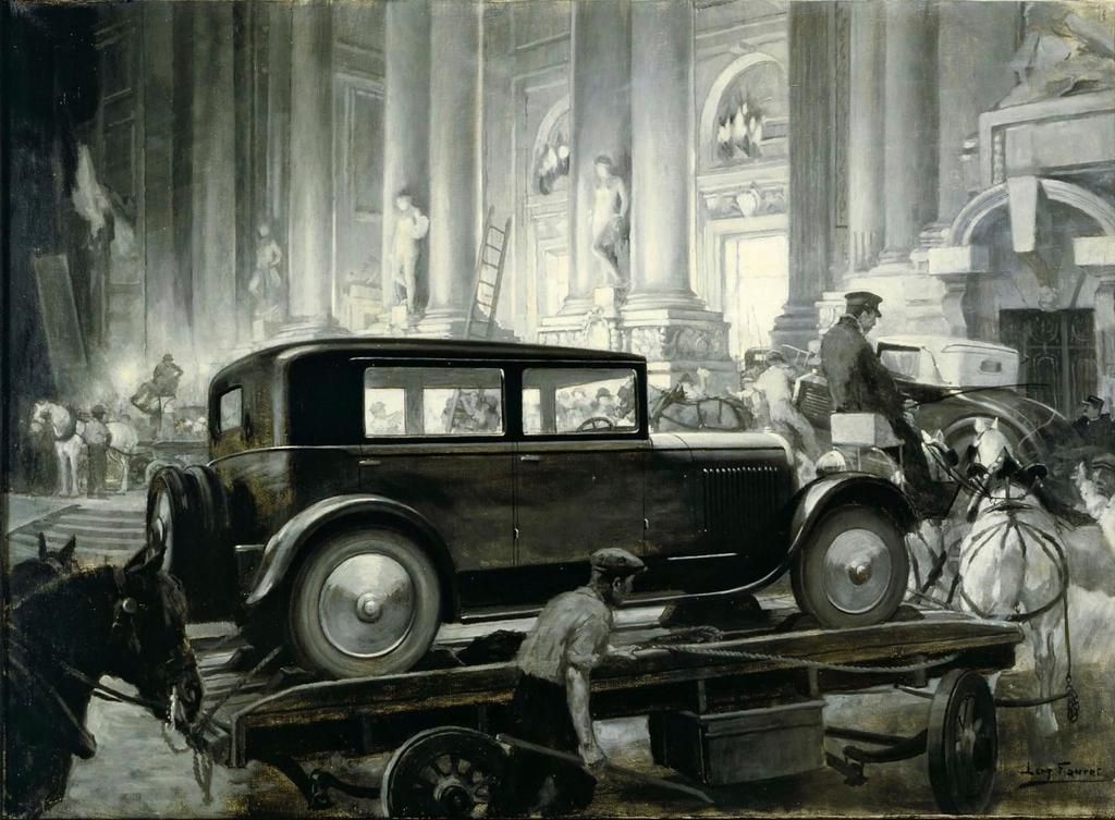 Léon Fauret (1863-1955), Livraison à cheval des premières voitures au Grand Palais, pour le Salon de l’automobile, vers 1930. Paris, musée Carnavalet – Histoire de Paris.