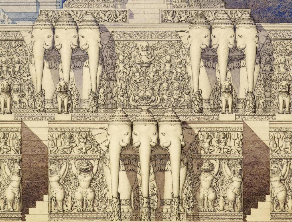 Louis Delaporte (1842-1925), Phimânacas. Palais des rois khmers au centre d’Angkor Thom, vue idéale du perron nord de la terrasse des éléphants (détail), vers 1890. Aquarelle sur papier. Paris, musée Guimet.