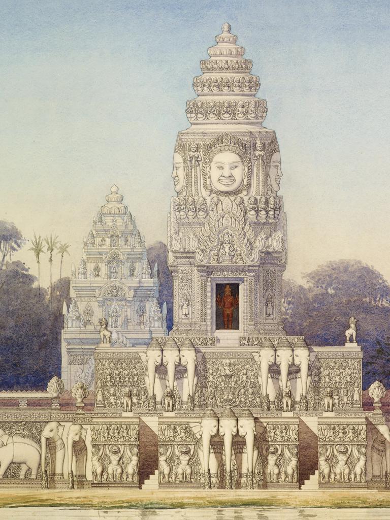 Louis Delaporte (1842-1925), Phimânacas. Palais des rois khmers au centre d’Angkor Thom, vue idéale du perron nord de la terrasse des éléphants, vers 1890. Aquarelle sur papier. Paris, musée Guimet.