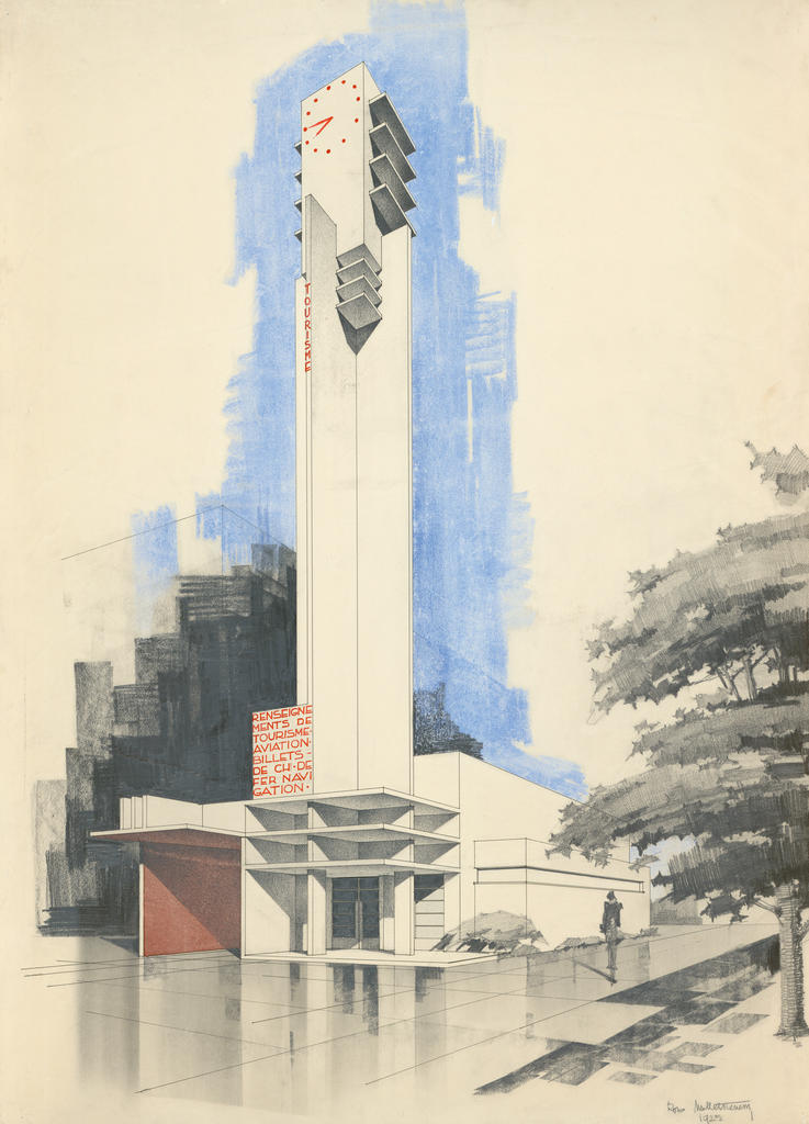 Robert Mallet-Stevens, Pavillon des renseignements et du tourisme à l’Exposition internationale des arts décoratifs et industriels modernes, Paris, 1925. Plume, encre noire, graphite, craie sur papier vélin, 100 x 73 cm. Paris, musée des Arts décoratifs.