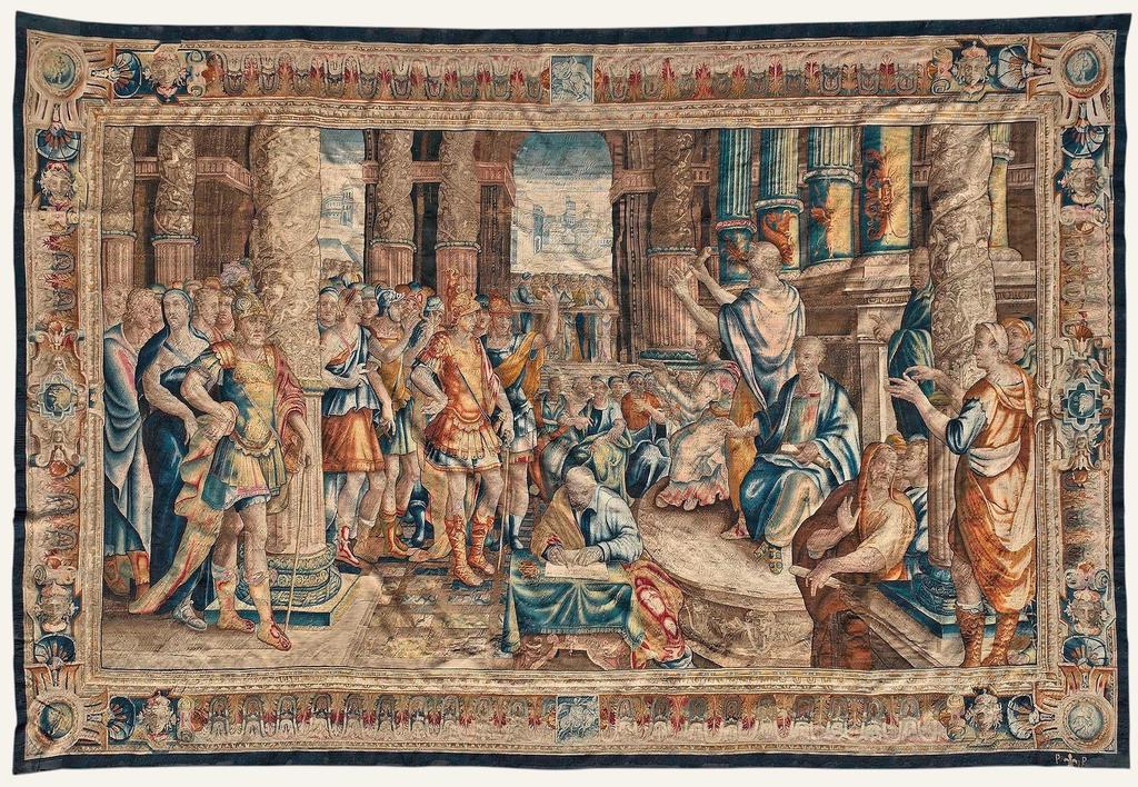 Coriolan convoqué devant les tribuns du forum, ateliers parisiens, marque de François de La Planche et de Marc de Comans, début du XVIIe siècle, vers 1625, d’après des dessins d’Henri Lerambert et Laurent Guyot. Laine et soie, 363,3 x 561,3 cm. Vente Asheville, Brunk Auction, 11 mars 2025. Provenance : Brooklyn Museum, collection William Randolph Hearst. Estimé : 20 000/30 000 $ Adjugé : 184 500 $ (soit 168 514 € frais inclus).