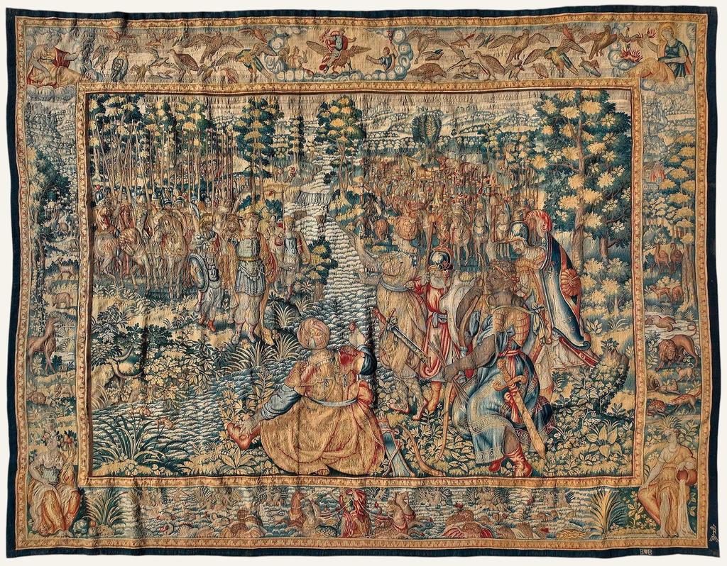 Entrevue entre Hannibal et Scipion avant la bataille de Zama, de la tenture de l’Histoire de Scipion, d’après des dessins de Giulio Romano et Francesco Penni, marques de Martin II Reymbouts et Bruxelles, vers 1590-1610, début du XVIIe siècle. Vente Asheville, Brunk Auction, 11 mars 2025. Provenance : Brooklyn Museum, don de Florence Elaine Calkin Dickerman au musée en 1959, qu’elle avait eu par héritage. Estimé : 10 000/15 000 $ Adjugé : 39 360 $ (soit 35 950 € frais inclus).