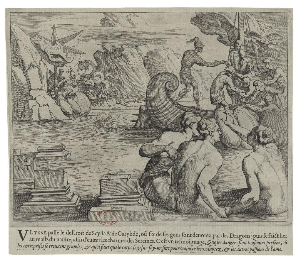 Théodore van Thulden (1606-1669), Ulysse affrontant les sirènes et traversant le détroit de Charybde et Scylla, 1633. Gravure. 