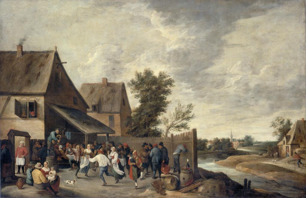 Thomas van Apshoven (1622-1664), Fête de village avec joueur de cornemuse sur un tonneau, vers 1660. Huile sur toile, 137 x 209 cm. Lille, palais des Beaux-Arts. 