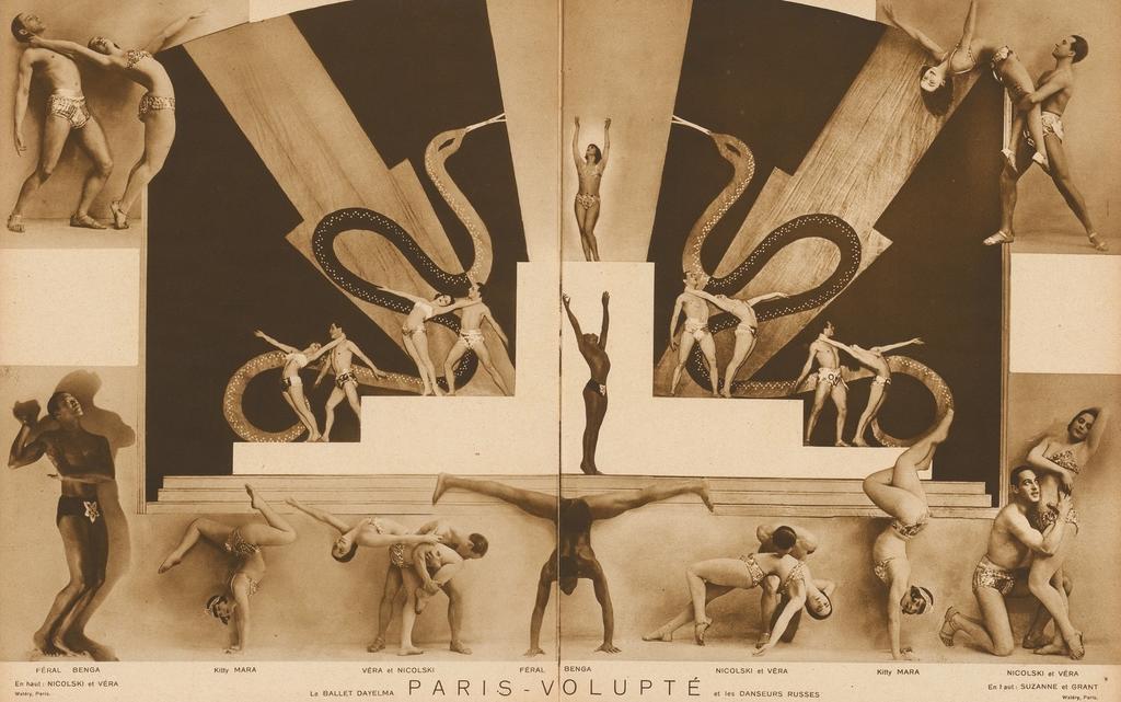 Waléry, « Paris volupté », présentation de tous les danseurs, avec au centre Féral Benga. Double page de La Revue des Folies-Bergère, 8ᵉ album : Un coup de folie, 1930. Photomontage noir et blanc, volume imprimé, 31,4 x 23,7 cm. Paris, Bibliothèque nationale de France.