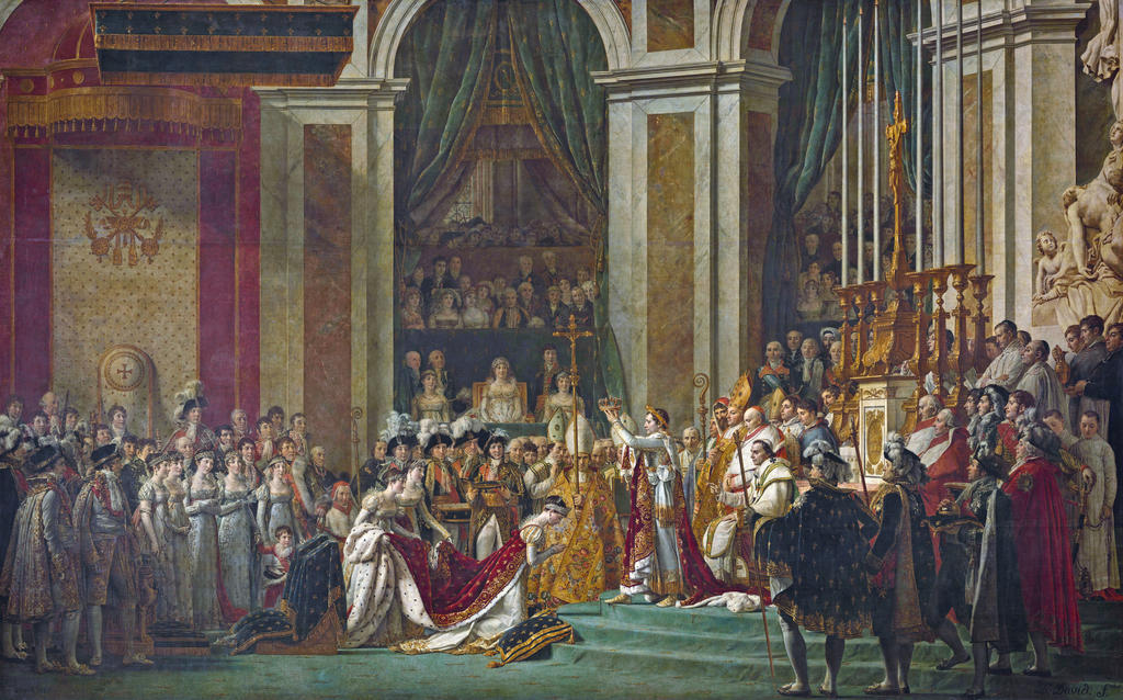Jacques Louis David, Le Sacre ou le Couronnement de l’empereur Napoléon Ier et de l’impératrice Joséphine dans la cathédrale Notre-Dame de Paris, le 2 décembre 1804, 1807. Huile sur toile, 621 x 979 cm. Paris, musée du Louvre. 