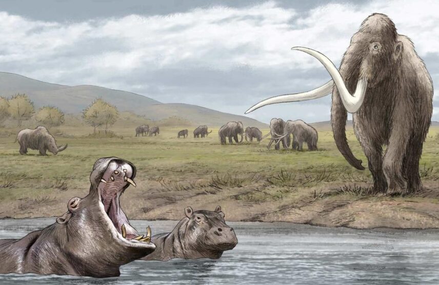 Évocation d'hippopotames à côté d'un troupeau de mammouths.