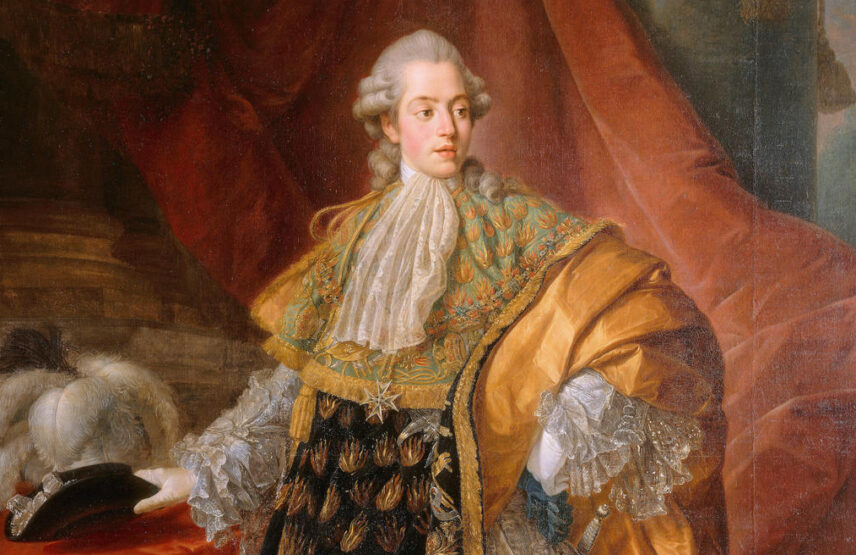 Antoine François Callet (1741-1823), Philippe de France, comte d’Artois, en costume de l’ordre du Saint-Esprit (détail), Salon de 1779. Huile sur toile, 250 x 167 cm. Versailles, musée national des châteaux de Versailles et de Trianon.