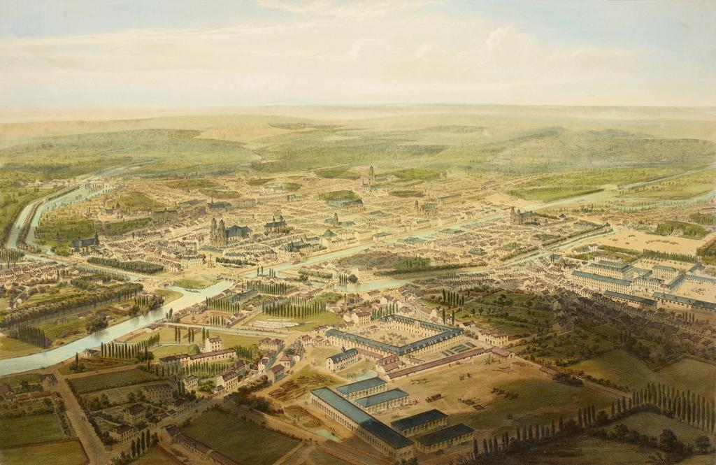 Alfred Guesdon (1808-1876), Rennes vue au-dessus de l’arsenal, vers 1850. Lithographie extraite de la série Voyage aérien en France, 30 x 52 cm. Rennes, musée de Bretagne.