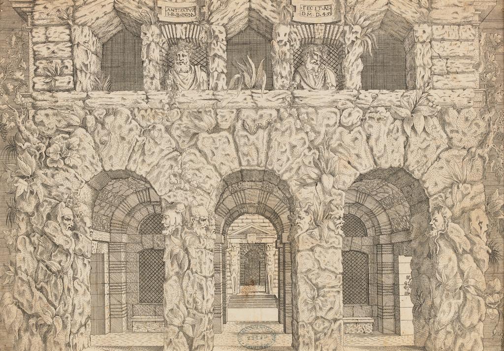 Antonio Fantuzzi (actif à Fontainebleau entre 1537 et 1550), Façade d’une grotte rustique. Eau-forte ; contrecollé aux coins, 29,3 x 42,1 cm. Paris, Beaux-Arts de Paris.