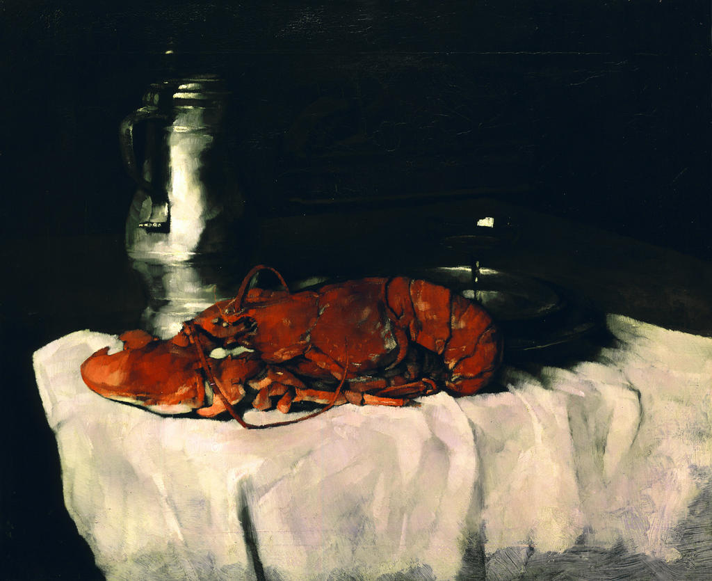 Carl Schuch, Homard avec pichet en étain et verre de vin, 1877. Huile sur toile, 61 x 75 cm. Berlin, Staatliche Museen zu Berlin, Nationalgalerie.