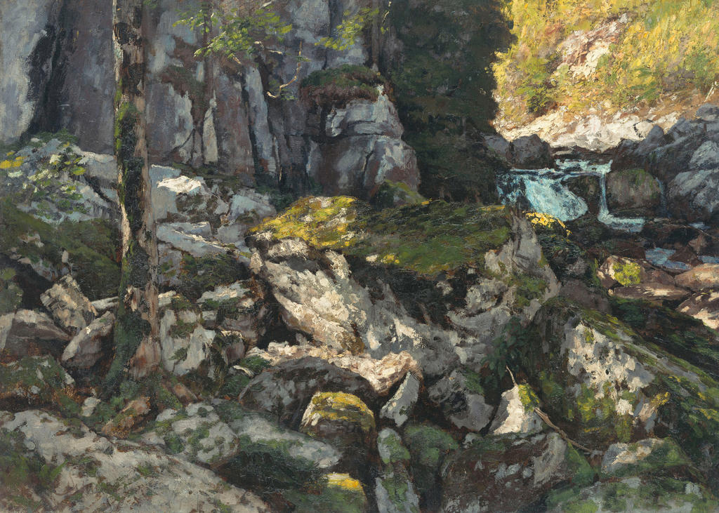 Carl Schuch, Paysage forestier rocheux, vers 1890. Huile sur toile, 60 x 83,5 cm. Munich, Bayerische Staatsgemäldesammlungen.