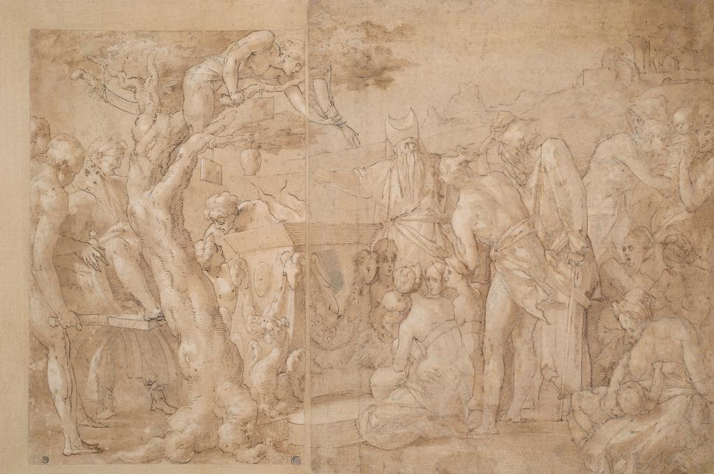 Anonyme, d’après Rosso Fiorentino (1494-1540), Le sacrifice (première version). Plume, encre brune, lavis brun, crayon noir et rehauts de blancs (en partie sulfurés) sur papier beige, 29,3 x 41,9 cm. Paris, Beaux-Arts de Paris.
