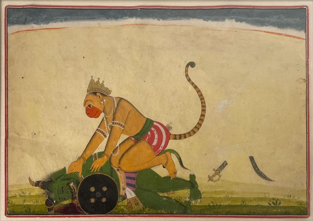 Hanuman combattant un démon, Inde, Rajasthan, XIXe siècle. Gouache sur papier, 18 x 26,5 cm. Vente Charenton-le-Pont, Crait + Müller, 16 octobre 2025. Expert : Laure Soustiel. Estimé : 600/800 €. Adjugé : 51 600 € (frais inclus).