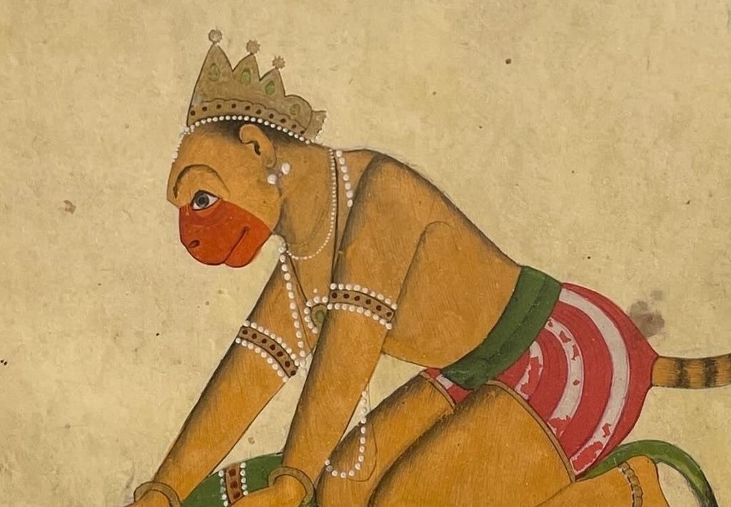 Hanuman combattant un démon (détail), Inde, Rajasthan, XIXe siècle. Gouache sur papier, 18 x 26,5 cm. Vente Charenton-le-Pont, Crait + Müller, 16 octobre 2025.