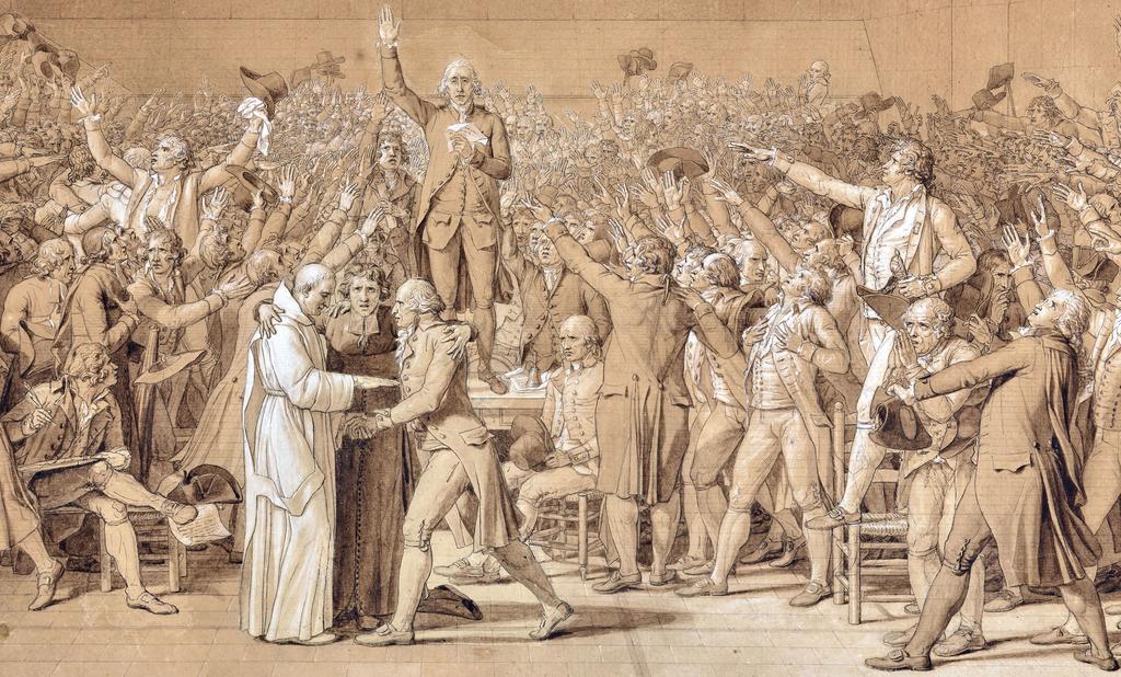 Jacques-Louis David, Le Serment du Jeu de Paume (détail), 1791. Plume et  encre brune, avec reprise en certains endroits à la plume et encre noire, lavis brun et rehauts de blanc, sur traits de crayon, 65,5 x 101 cm. Paris, musée du 