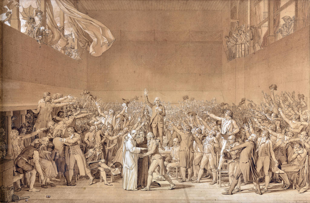 Jacques-Louis David, Le Serment du Jeu de Paume, 1791. Plume et  encre brune, avec reprise en certains endroits à la plume et encre noire, lavis brun et rehauts de blanc, sur traits de crayon, 65,5 x 101 cm. Paris, musée du Louvre, en dépôt au musée national des châteaux de Versailles et de Trianon. 