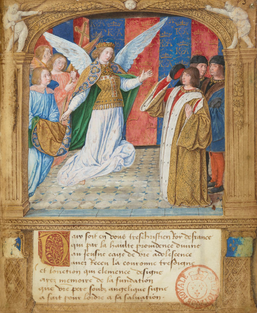 Jean Hey, Apparition de saint Michel à Charles VIII, ordonnance de fondation de la collégiale de l’ordre de Saint-Michel, 1493‑94. Enluminure sur parchemin, 18 x 15 cm. Paris, Bibliothèque nationale de France, Français 14363, f. 3r. 