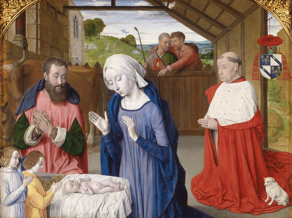 Jean Hey, Nativité avec le cardinal Jean Rolin, vers 1480. Huile sur bois, 56 x 75 cm. Autun, Panoptique d’Autun – musée Rolin.