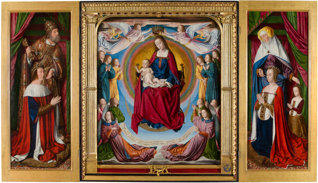 Jean Hey, triptyque de la Vierge glorieuse dit Triptyque de Moulins, vers 1498‑1500 (?). Huile sur bois, 190,2 x 329,4 cm (volets ouverts) ; 190,2 × 164,4 (volets fermés). Moulins, cathédrale Notre‑Dame. 