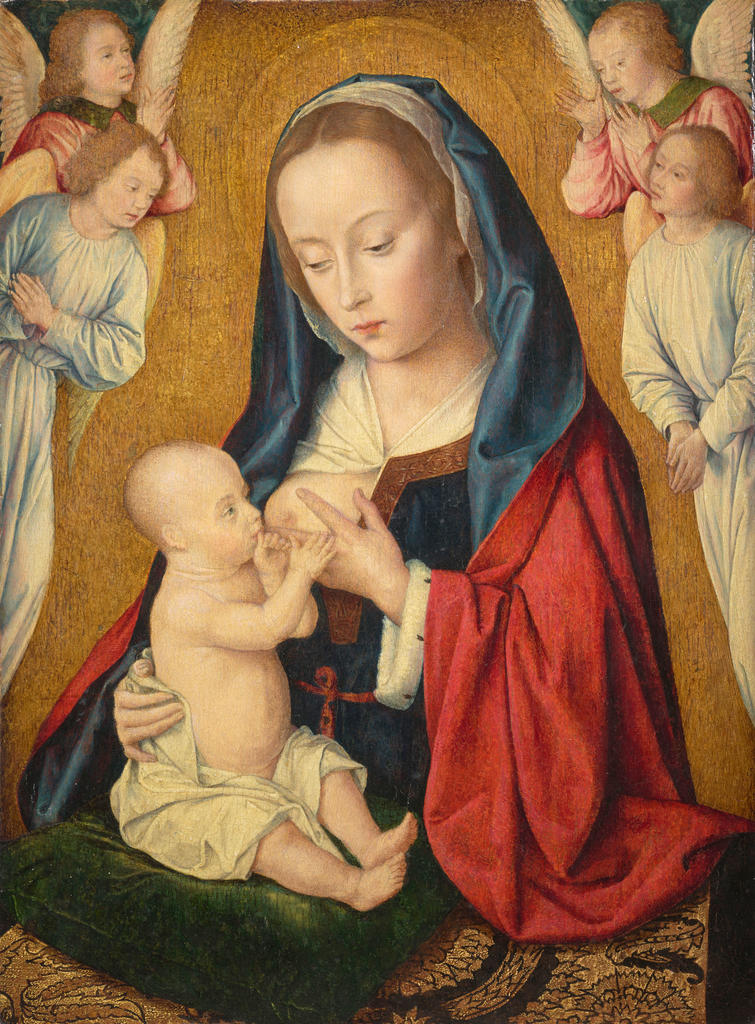 Jean Hey, Vierge allaitant l’Enfant dite Vierge Bacri, vers 1480‑1505. Huile sur bois, 36,5 x 27,5 cm.  Paris, musée de Cluny – musée national du Moyen Âge.