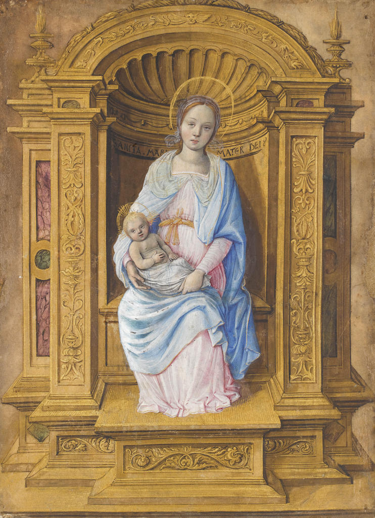 Jean Poyer, Vierge à l’Enfant, vers 1510. Feuillet détaché des Heures d’Henry VIII. Enluminure sur parchemin, rehauts d’or, 23,4 x 17,2 cm. Paris, musée du Louvre.