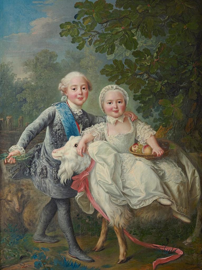 François Hubert Drouais (1727-1775), Charles Philippe de France, comte d’Artois, et sa sœur Marie-Adélaïde-Clotilde de France, dite Madame Clotilde (détail), 1763-1764. Huile sur toile, 129 x 97 cm. Versailles, musée national des châteaux de Versailles et de Trianon.